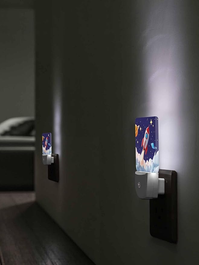 Cartoon Night Lights Plug into Wall LED Night Light Rocket Stars Space Modern Automatic Dimmable Dusk-to-Dawn Square Shaped Smart Nightlight for Bathroom/Bedroom