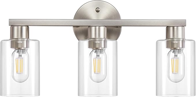 Bathroom Light Fixtures 3-Light Bathroom Vanity Light Brushed Nickel | Stainless steel body, Clear glass shade, E26 scoket, Anti-rust, Easy to install, Vanity lighting fixtures, Over mirror, 18 in