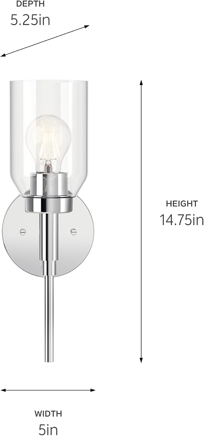 Kichler Madden 1-Light Bathroom Wall Light, Chrome | Modern wall light with clear glass for bathrooms and hallways (14.75" x 5" x 5.25"), 55183CH