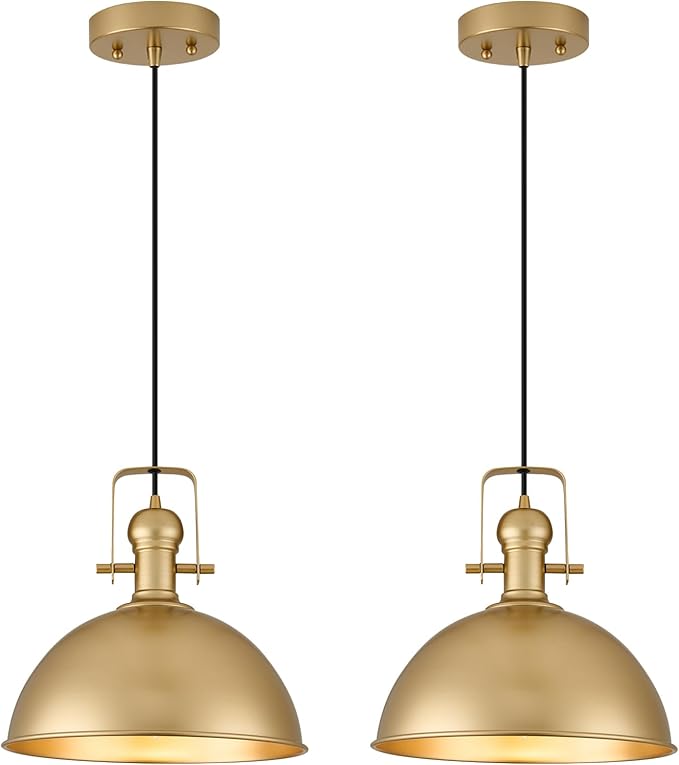 12 Inch Gold Farmhouse Pendant Lights Matte Pendant Lights for Kitchen Island Industrial Adjustable Height Vintage Dome Hanging Light Fixtures for Barn, Dining Room 2 Packs