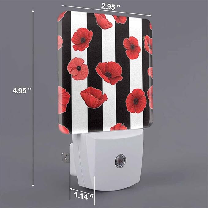 Black and White Stripes Night Light Red Poppy Petals Plug into Wall with Dusk to Dawn Light Sensors 0.5W Warm Nightlights for Bedroom Bathroom Hallway