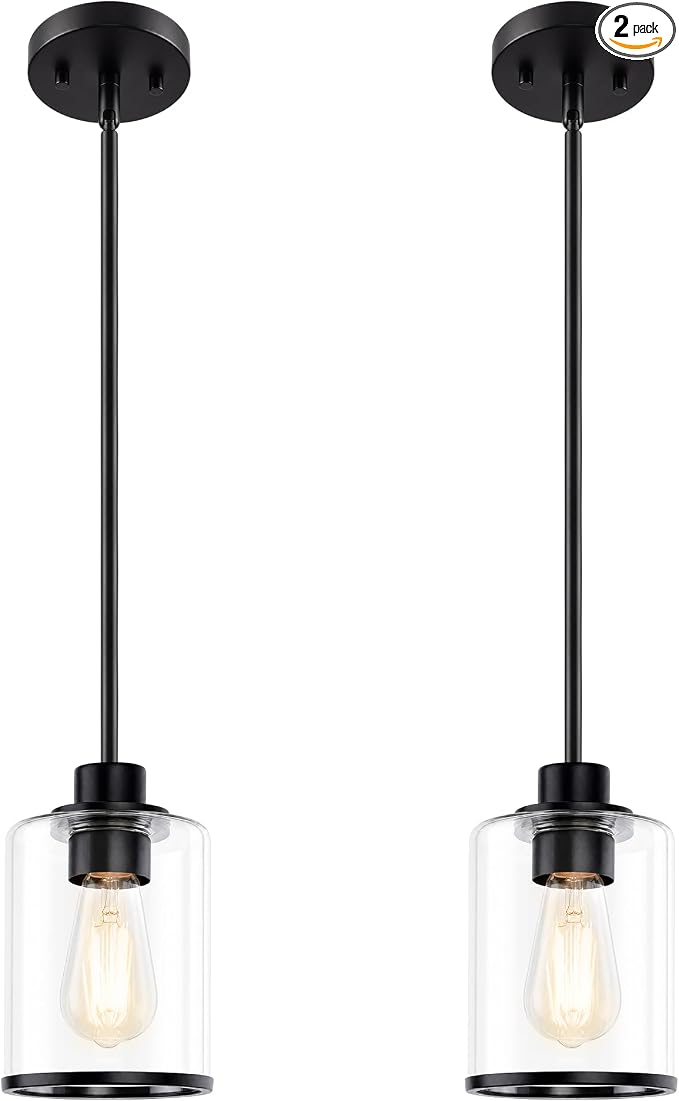 Beionxii 2 Pack Pendant Light Fixtures, Glass Pendant Lights Kitchen Island | Farmhouse Pendant Lighting,Modern Hanging Pendant Light w/Rod for Kitchen Island Dining Room Bedroom Entryway,BX-PL02MB-2CG+R
