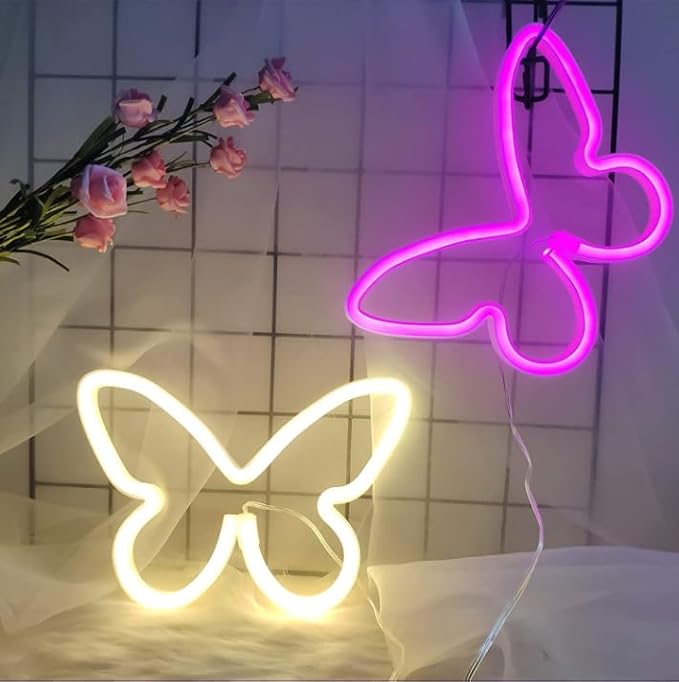 Butterfly Neon Signs 2Pieces,LED Neon Light for Wall Office Dorm Wedding Birthday Party Room Wall Decor,Butterfly Decorations Light for Teen Girls,USB or 3-AA Battery Powered(Warm White+Pink)