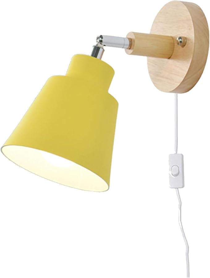Nordic Minimalist Rotation Wall Lamp Wood Metal Plug in Wall Sconces W/ Switch Wall Mounted Lighting Fixture for Kids Bedroom Bedside Reading Living Room Corridor Hotel ( Color : Yellow , Size : 12cm*