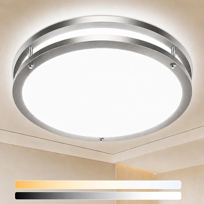 zemty 16Inch Brushed Nickel LED Flush Mount Ceiling Lights, Dimmable 3000K/3500K/4000K/5000K/6500K Adjustable, 36W Damp-Rated Light Fixture for Living Rooms,Badrooms,Basements,Kitchen