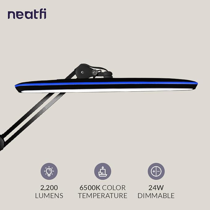Neatfi XL 2,200 Lumens 24W LED Desk Lamp – 23” Wide Shade | Dimmable Eye-Caring Task Light | Adjustable Arm | Home Office, Study, Crafts & Nail Tech (Non-CCT with Clamp, Black)