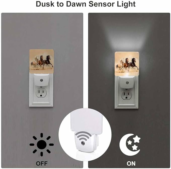 Three Horses Night Light Plug-into Wall Horses Running in The Desert Nightlight Lamp with Dusk to Dawn Sensor, Led Lamp 0.5W Energy Efficient for Home Decor