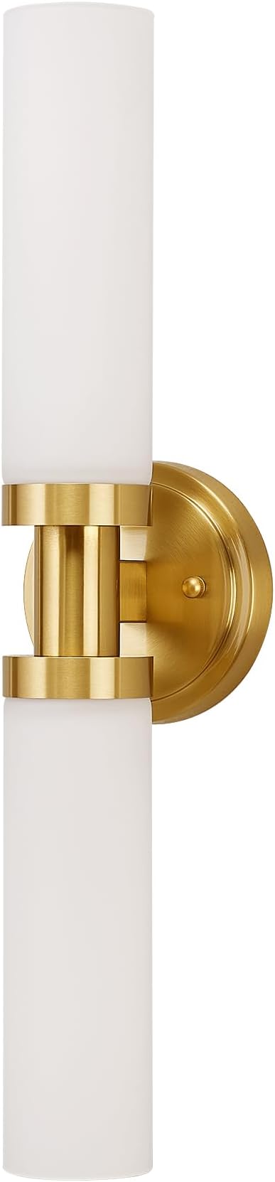 Gold Bathroom Light Fixtures Modern Vanity Lights W/White Glass Shade, 2-Light Sconces Wall Lighting for Mirror Kitchen Bedroom Hallway, Brushed Brass Gold Wall Decor Wall Mount Lamp