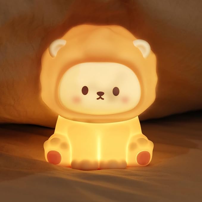 Cute Lion Night Light for Kids, Rechargeable Nursery Lamp with Timer, 3 Brightness Levels & Warm Light, Soft Silicone Baby Night Light, Tap Control, Gift for Toddlers