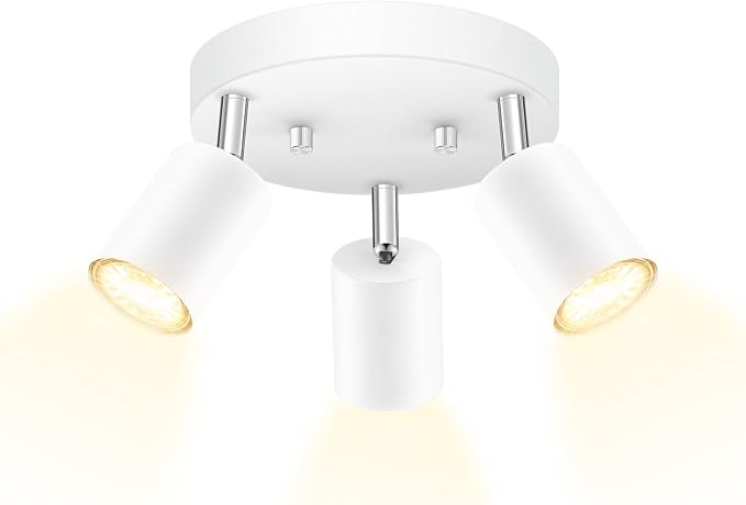 AUQUEE LED 3 Light Track Lighting Kit, LED Track Lighting Fixtures, White Round Ceiling Spot Lighting, Flexibly Rotatable Light Head for Kitchen, Living Room, Bedroom, GU10 Bulb Not Included