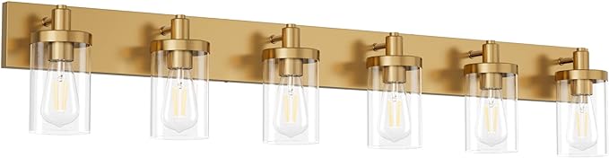 Aipsun Gold Bathroom Vanity Light Farmhouse Vanity Lighting Fixtures 6 Light 48in Bathroom Light Fixtures with Clear Glass Shade(Exclude Bulb)