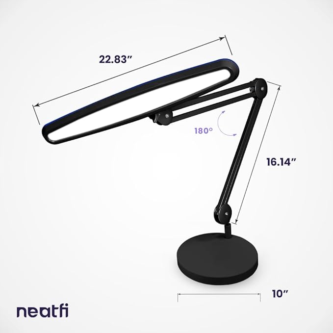 Neatfi XL 24W LED Desk Lamp with Base – 2,200 Lumens | 23” Wide Shade | Dimmable Eye-Caring Task Light | Adjustable Arm | Office, Study, Crafting & Nail Techs (Non-CCT with Base, Black)