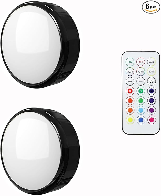 SEMSMOKS Battery Operated LED Push Lights with Wireless Remote, 13 Color RGB - for Closet, Bedroom Wall, Under Cabinet, Battery Powered Puck Lights. Convenient 3M Stick On(Black, 2-Packs)