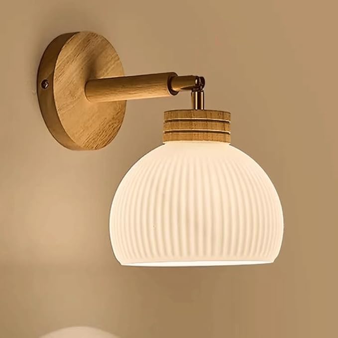 Globe Milk White Glass Wall Lamp Nordic Solid Wood Wall Sconce Adjustable Bedroom Bedside Reading Lighting, Modern Retro Half Globe Wooden Home Decor Lighting Fixture for Loft Living Room