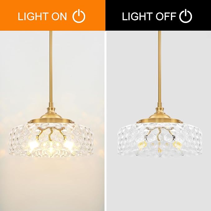 Vintage Pendant Light, Brushed Gold Pendant Lights Kitchen Island with Hammered Glass Shade, Hanging Ceiling Penant Lighting Fixtures with Adjustable Rods for Bathroom, Dining Room, Entryway, E12*3