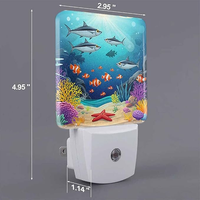 Marine Life LED Night Lights Plug into Wall Fish Algae and Corals in The Blue Water 0.5W Plug in Night Light, Dusk to Dawn, Bright Nightlight Auto On/Off, for Room Bedroom Bathroom
