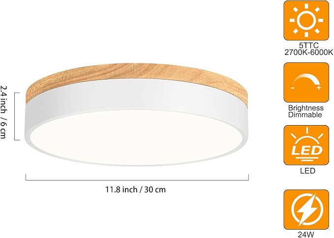 Yiisem Dimmable Wood LED Flush Mount Ceiling Light, White, 11.8 in | 5CCT 2700K-6000K Modern Close to Ceiling Lighting Fixtures, Round Ceiling Lamp for Bedroom, Kitchen, Hallway, Laundry Room