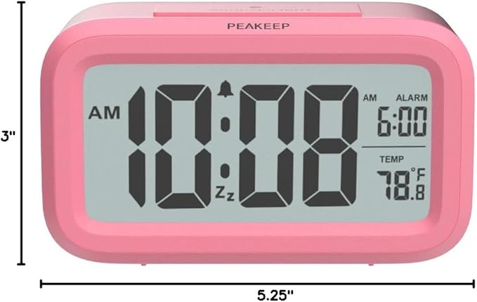 Peakeep Night Light Alarm Clock Battery Operated with Indoor Temperature, Desk Digital Clock for Kids Girls Bedrooms (Pink)