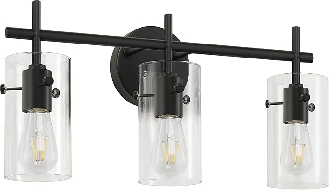 Bathroom Light Fixtures, 3-Light Matte Black Vanity Light, Black Bathroom Lights Over Mirror with Clear Glass Shade, Wall Sconces for Mirror Bedroom Living Room Hallway
