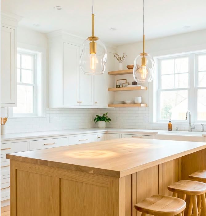 Modern Clear Glass Pendant Lights for Kitchen Island, E26 Base | H8.6 Inch Hand Blown Ideal for Bedroom/Hallway/Bathroom/Dining Room/Foyer, Organic Globe Adjustable Hanging Height Fixtures