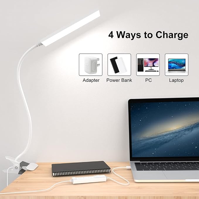 LED Desk Lamp, 5W USB Clip on Light Eye-Caring Reading Clamp Table Lamp with 48 LEDs Flexible Neck, 3 Color Modes and 14 Brightness Levels for Office Bedroom Study (White)