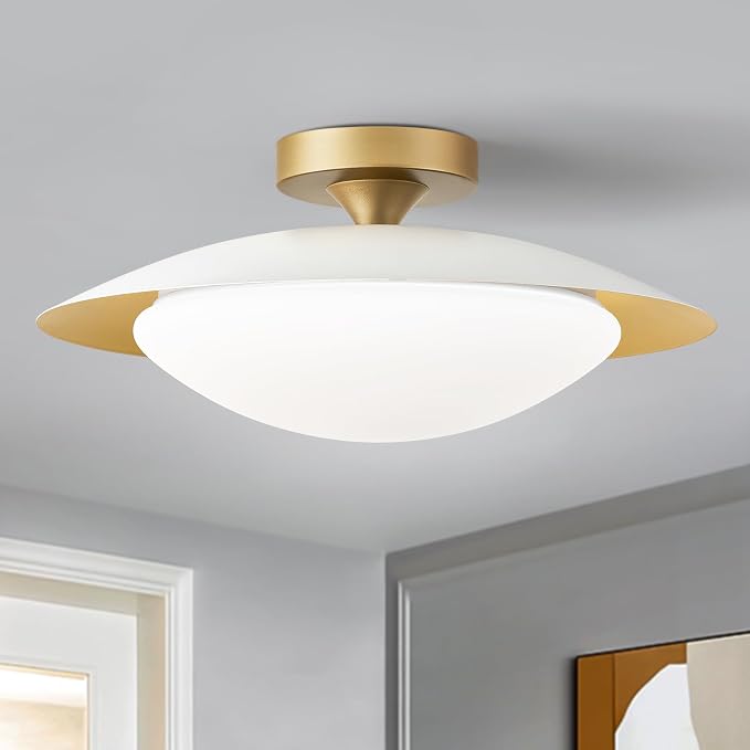 Dimmable Modern Mid-Century LED Ceiling Light, White and Gold, 15.7 Inch | Semi Flush Mount Ceiling Light, 5CCT 2700K-6000K Lighting Fixtures with Glass Shade for Bedroom Kitchen Living Room