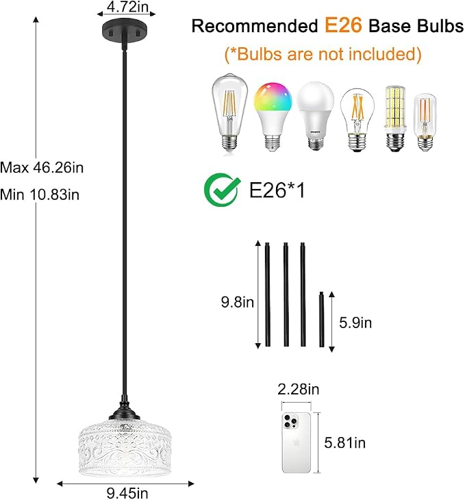 Daunton Black Vintage Pendant Lights Kitchen Island with Glass Over Sink | Adjustable Height Kitchen Light Pendant,Bathroom Pendant Light,Dual Mount Ceiling & Hanging Fixtures, 90° Swivel for Home