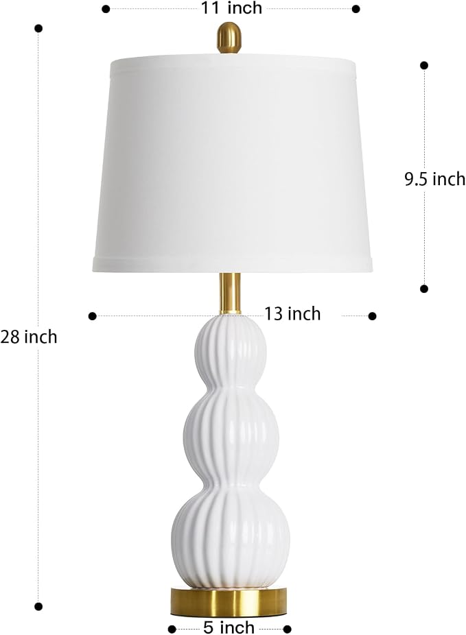 28" White Ceramic Table Lamp for Nightstand, Modern Bedside Table Lamp for Bedroom, Triple Gourd Lamp for Living Room End Table (1 Pack)