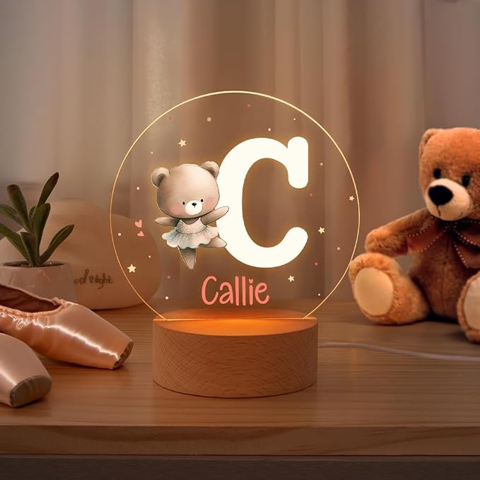 Personalized Ballet Cartoon Animal Night Light, Custom Name LED Light with Wooden Base Nursery Decor Gift for Kids