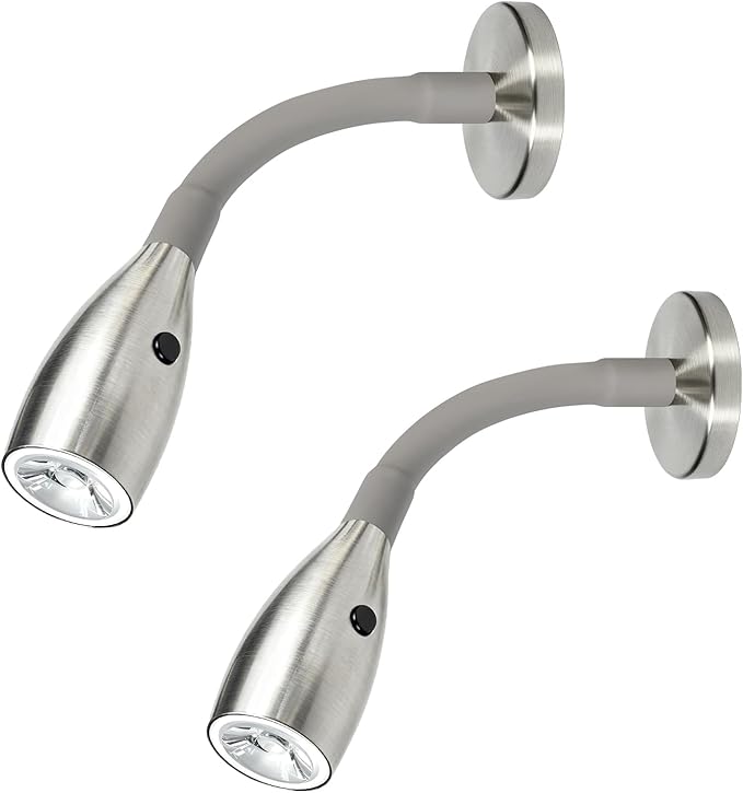 2-Pack 12V/24V RV Flexible Gooseneck Reading Light Warm White & Red Night Mode Wall Mounted Bedside Under-Cabinet On Motorhome, Camper Van, Truck, Brushed Nickel
