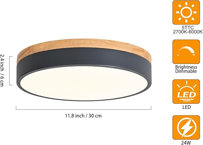 Yiisem Dimmable Wood LED Flush Mount Ceiling Light, Grey, 11.8 in | 5CCT 2700K-6000K Modern Close to Ceiling Lighting Fixtures, Round Ceiling Lamp for Bedroom, Kitchen, Hallway, Laundry Room
