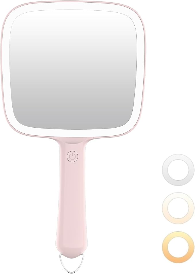Famihomii Lighted Handheld Mirror, Handheld Mirror with 3 Light Color, Led Hand Mirror for Women, Makeup Mirror with Handle Hole Hanging Portable Travel Vanity for Girls, Battery Operated, Gifts