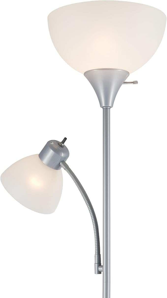 GLOBE Electric 67134 72" Torchiere Floor Lamp and Adjustable Reading Light, Silver, Frosted Shade, Dual Rotary Switch, 3-Step Dimming, Modern Lighting for Living Room or Office, Timeless (Pack of 2)
