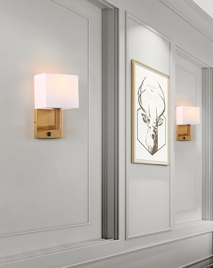 PERMO Single Wall Sconce Light Fixture Antique Finish with White Textile Shades and On/Off Switch Button Small Modern Nightstand Lamps for Bedrooms Bedside Reading