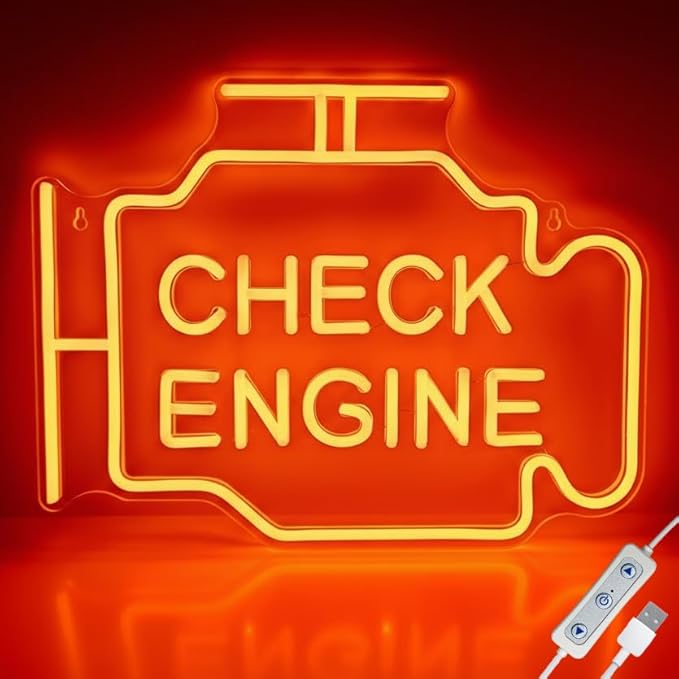 Check Engine Neon Signs for Wall Decor, Garage Led Neon Light Sign for Man Cave Decor, Funny Gifts for Dad & Car Guys, Mechanics, Auto Repair Shop, Workshop, Garage Decor, USB Powered