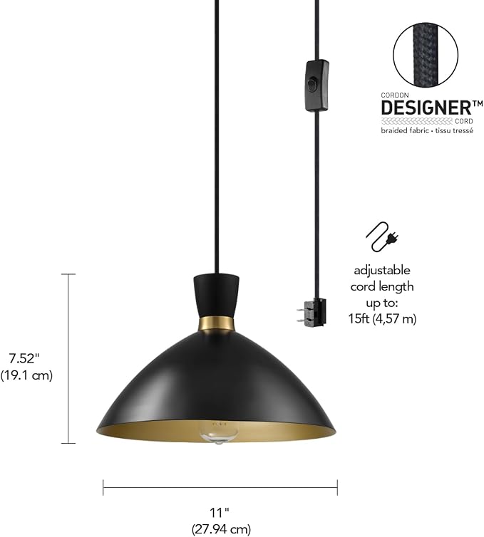 Globe Electric 1-Light Plug-in Pendant Light, Matte Black Shade with Brass Interior, in-Line Switch, Modern Kitchen Island or Living Room Lighting