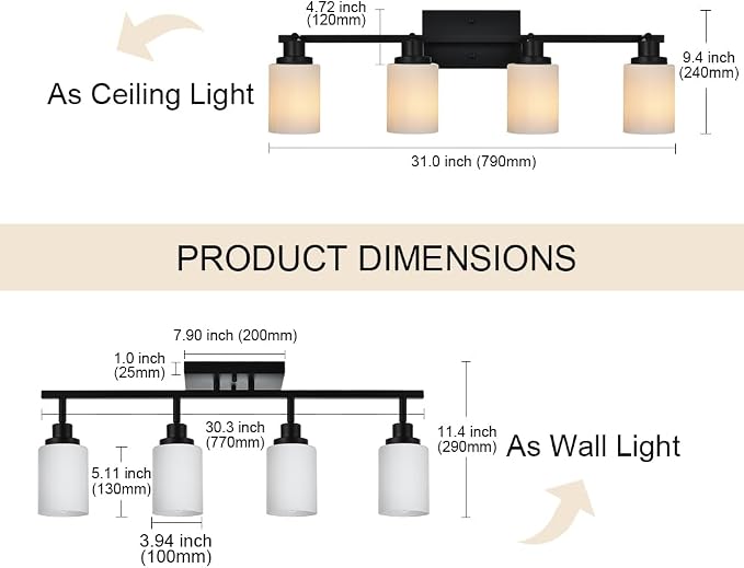 Adjustable Ceiling Spotlight in Black, 4-Lights Kitchen Island Light Fixtures Ceiling Wall Mount, Track Lighting Kit with Opal White Glass Hallway Dining Room
