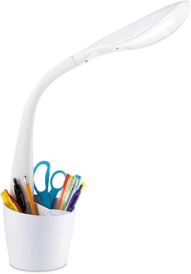OttLite Organizer LED Desk Lamp with Flexible Neck and Storage, White | Natural Daylight LEDs | 4 Brightness Settings | Storage Compartments | Adjustable Flexible Neck