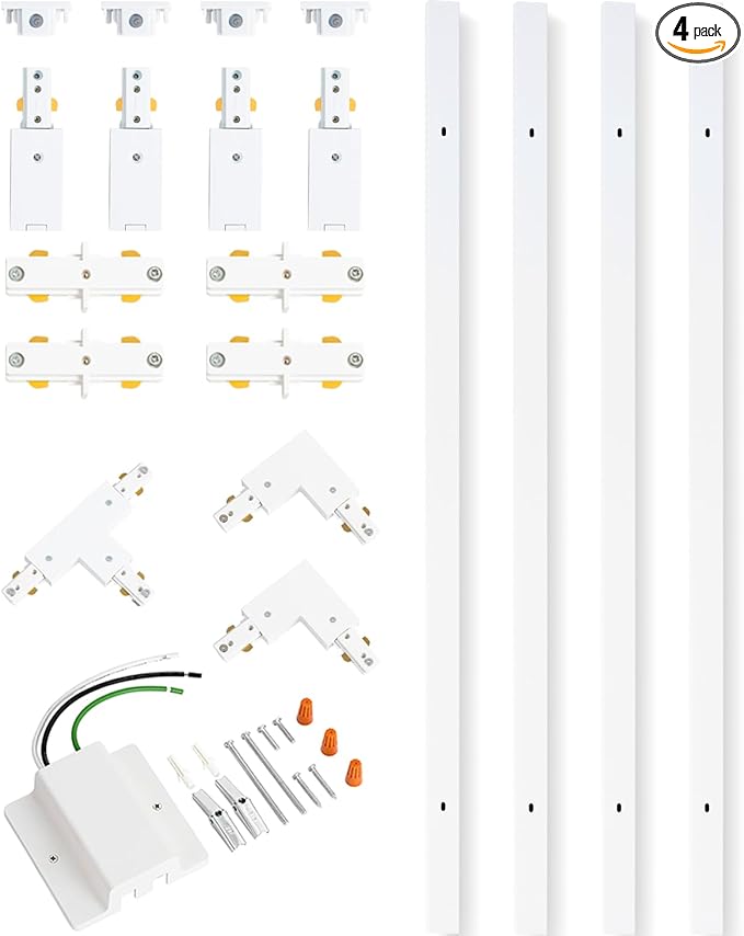 13FT H Track Lighting Rails Kit with Floating Canopy Connector, White H Type Track Rails with End Caps, Live End Feed and T L Connector, Compatible with Single Circuit H Style Track System