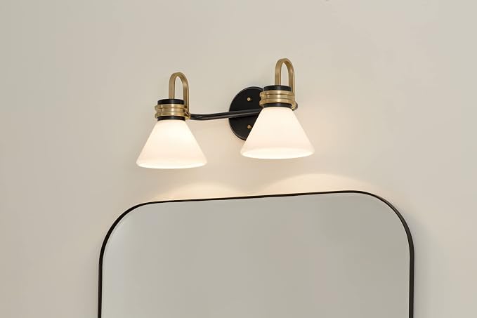 Kichler Farum 2-Light Bathroom Vanity Light, Black | Damp-rated vanity light with opal glass and champagne bronze accents (19.25" x 9.5"), 55154BK