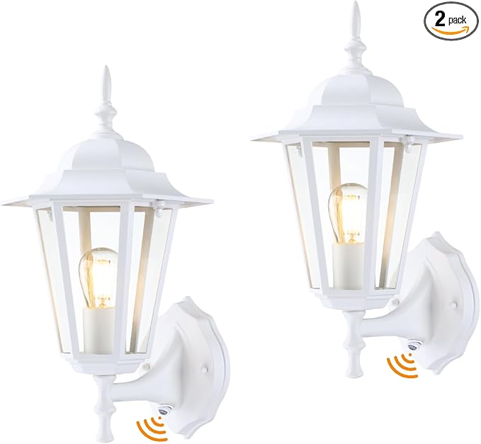 GRUENLICH Outdoor Wall Light Fixture, Rustproof Aluminum, Glass | Dusk to Dawn Exterior Porch Light Wall Sconce Lantern for House, Patio, Garage, Waterproof, E26 Socket 60W Max, White, 2 Pack