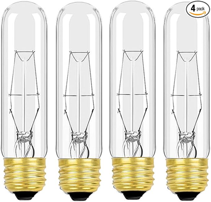 25 Watt T10 Clear Tubular Incandescent Light Bulb, T10 Bulb,Vintage Style Showcase Bulb,Showcase lamp,Dimmable for Desk Lamp,Curio Cabinet,Aquarium,Chandeliers,Aquarium Light Bulb (4PC)