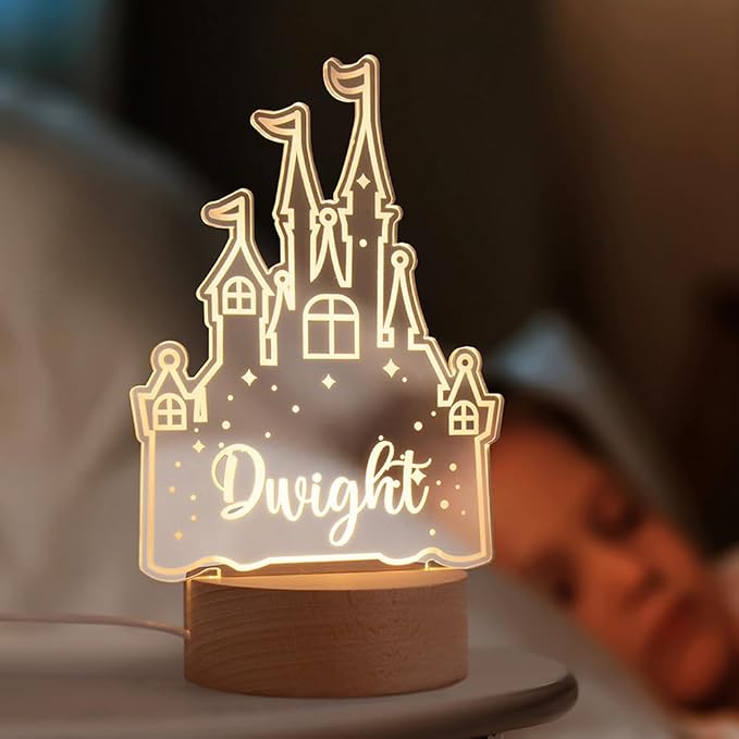 Custom Cartoon Castle Night Light for Kids, Personalized Name Led Light with Wooden Base Nursery Decor