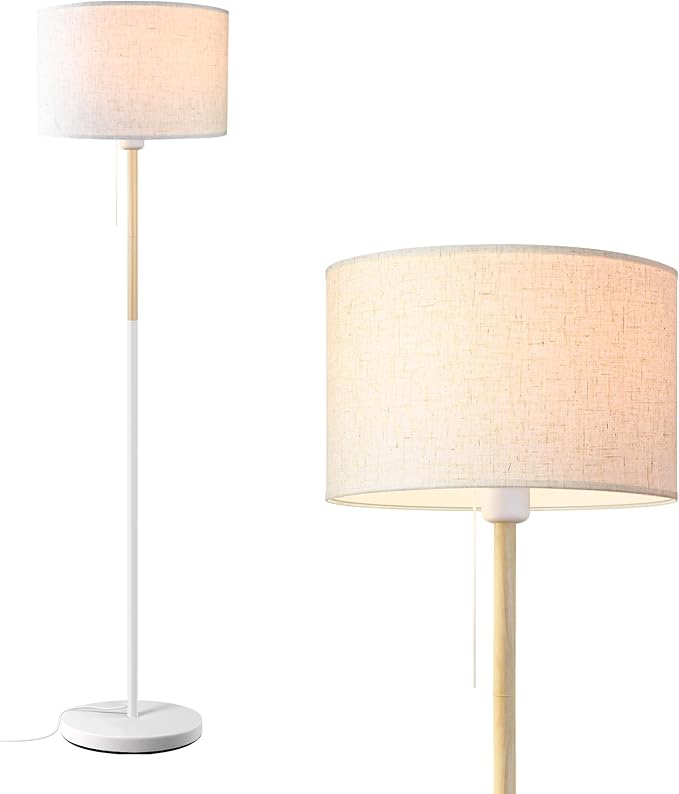 LALISU Bedroom Floor Lamp Farmhouse Floor Lamps for Living Room Mid-Century Pole Lamp Linen Lamp Shade, Standing Tall Lamps for Bedrooms and Office (White)