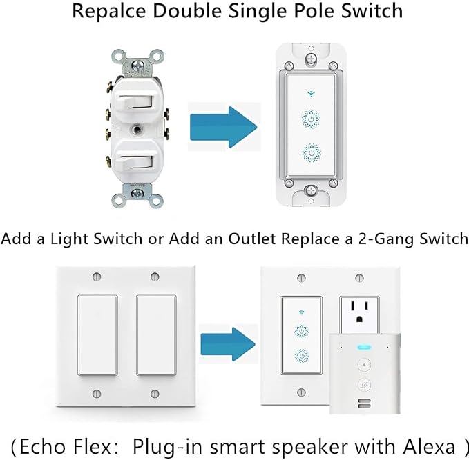 Nexete Smart Wi-Fi Double Light Switch, 2 in1 Single Pole Switch Compatible with Alexa Google Home,Voice Control, Timing Function,Neutral Wire Required(Double)