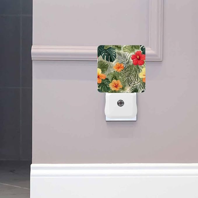 Hibiscus Night Light Exotic Palm Leaf Flowers 0.5W Night Lights Auto LED Lamp Energy Saving Square Lights for Room Bedroom Bathroom