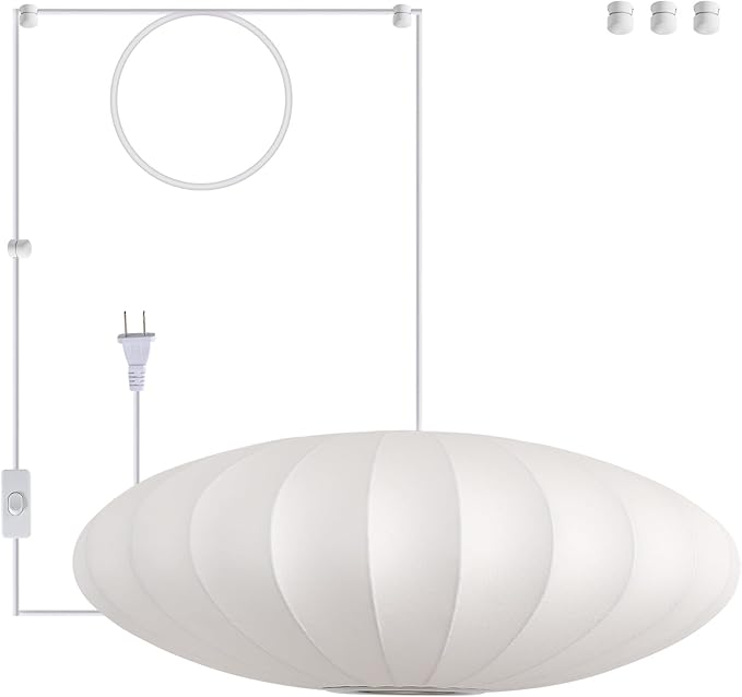 23.6in Plug in Lantern Pendant Light, Large White Imitation Silk Pendant Light Wabi Sabi Saucer Japanese Bubble Hanging Lamp Chandelier for Living Dinning Room Kitchen Island Bedroom 1 Pack