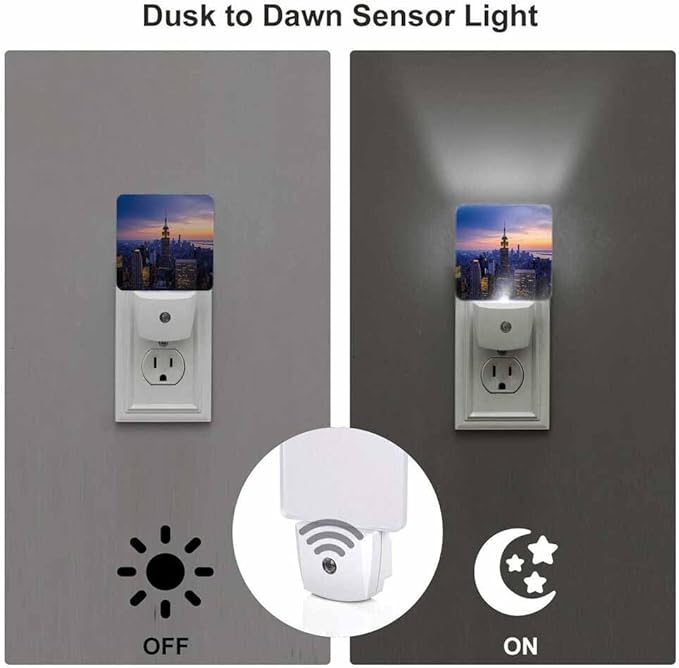 New York City LED Night Lights Plug into Wall Skyscrapers at Sunset 0.5W Plug in Night Light, Dusk to Dawn, Bright Nightlight Auto On/Off, for Room Bedroom Bathroom