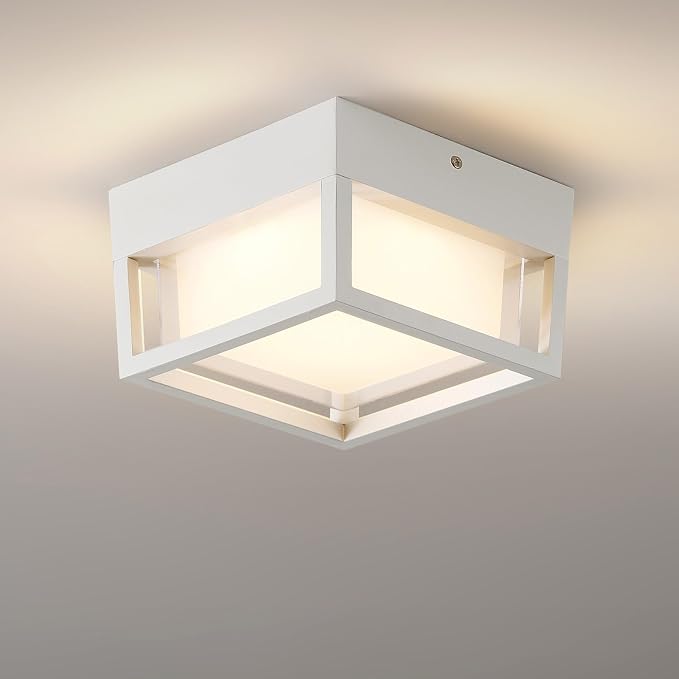 Small Outdoor Flush Mount LED Ceiling Light Exterior Porch Light Ceiling Mounted for Patio Balcony Terrace, 3000K Warm, 125w Equivalent, White, 6.3”x6.3”x4.3”