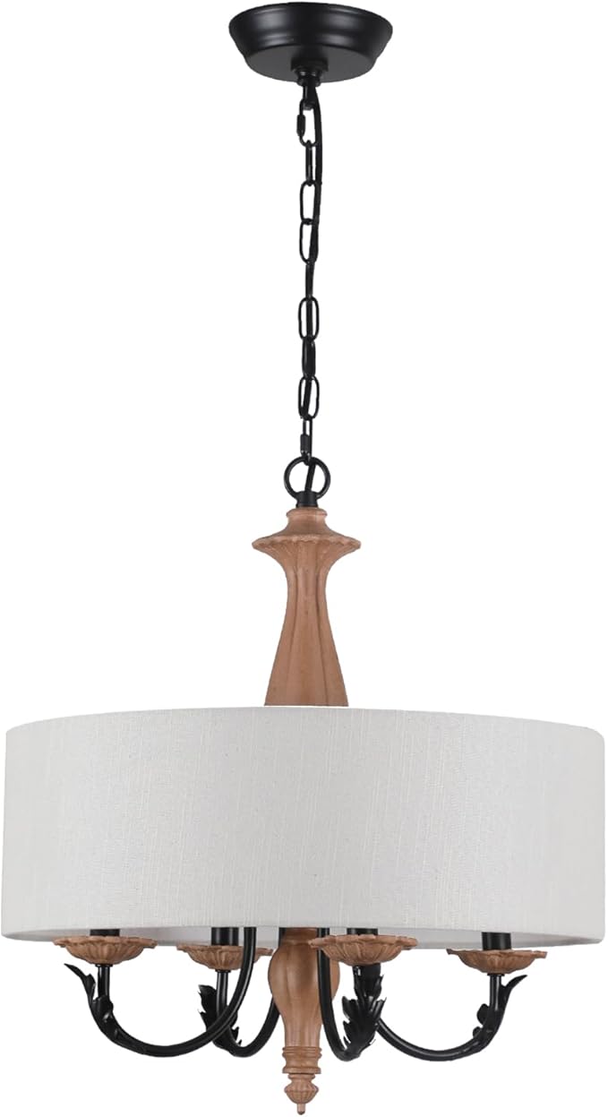 17.3" French Country Modern Drum Chandelier Light Fixture Mid Century Framhouse Chandelier with Linen Shade Vintage Distressed Wood Chandelier for Dining Room,Living Room,Kitchen,E12